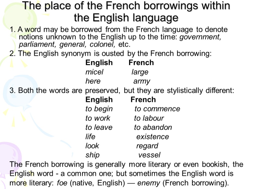 The place of the French borrowings within the English language 1. A word may